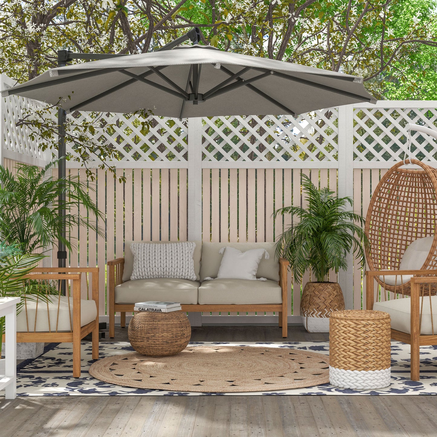 Outsunny 3 m Cantilever Banana Parasol with Cross Base, 360° Rotation Patio Umbrella with Crank Handle, Tilt, Light Grey