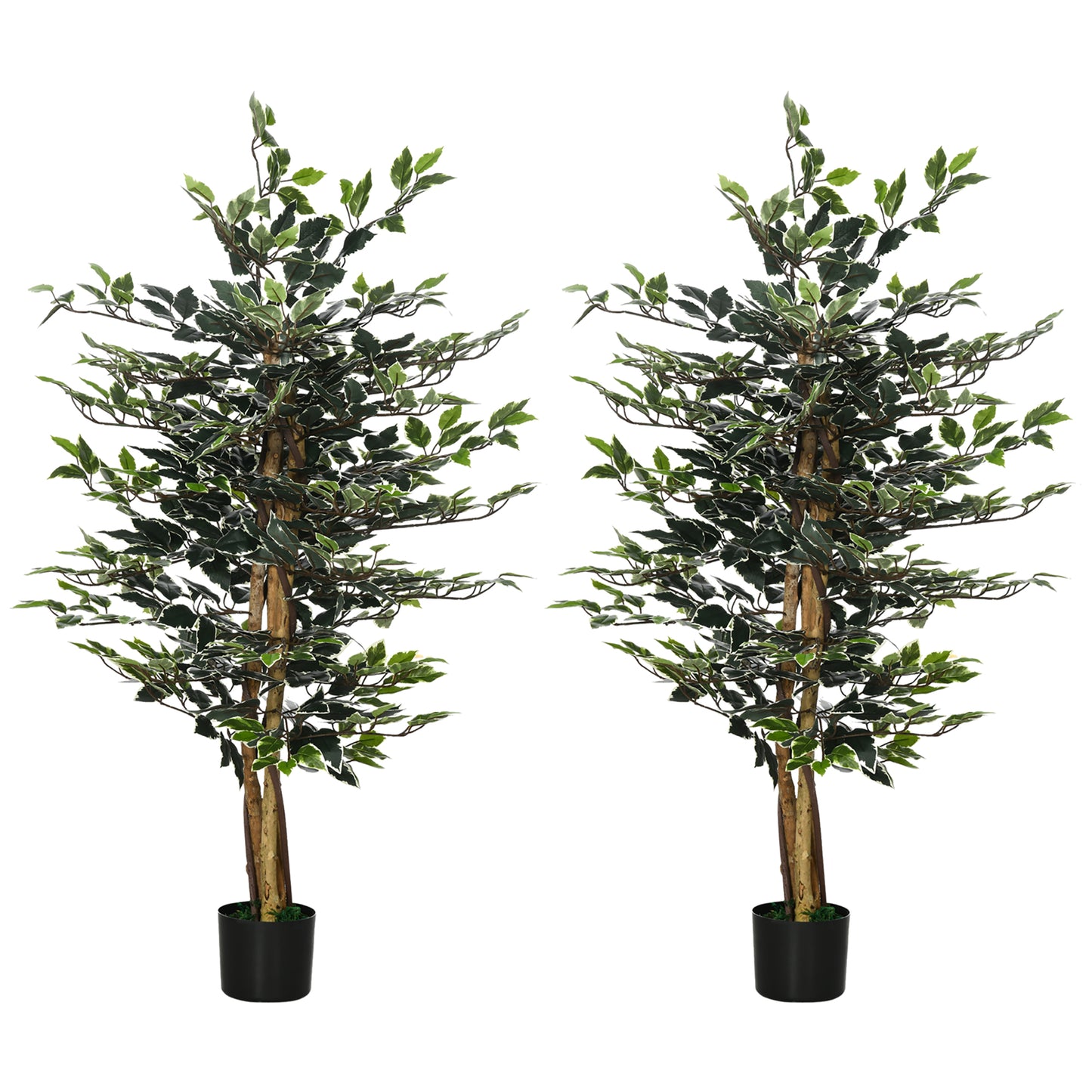 Artificial Ficus Tree in Pot, 130cm Tall Fake Plant with Lifelike Leaves and Natural Trunks, for Indoor Outdoor, Set of 2, Green