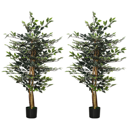 Artificial Ficus Tree in Pot, 130cm Tall Fake Plant with Lifelike Leaves and Natural Trunks, for Indoor Outdoor, Set of 2, Green