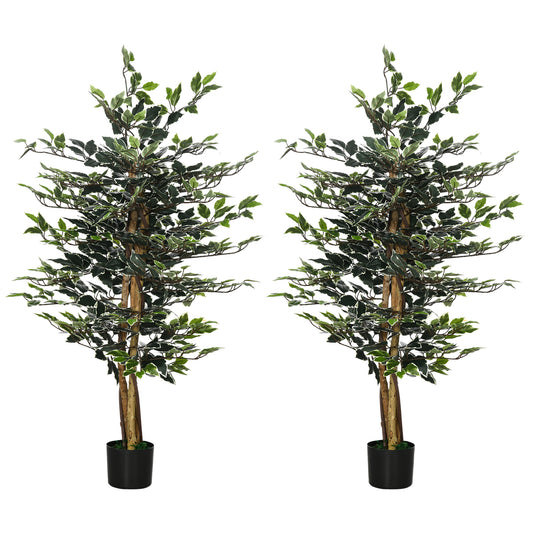 Artificial Ficus Tree in Pot, 130cm Tall Fake Plant with Lifelike Leaves and Natural Trunks, for Indoor Outdoor, Set of 2, Green