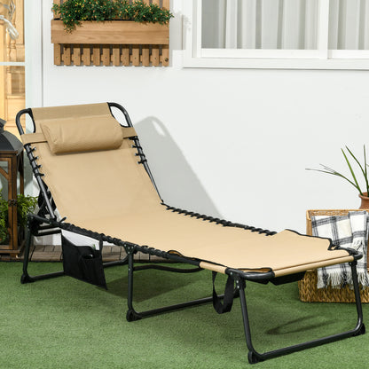 Outsunny Folding Sun Lounge With 5 Level Reclining Back, Tanning Chair With Reading Hole, Lounger with Side Pocket, Headrest - Beige