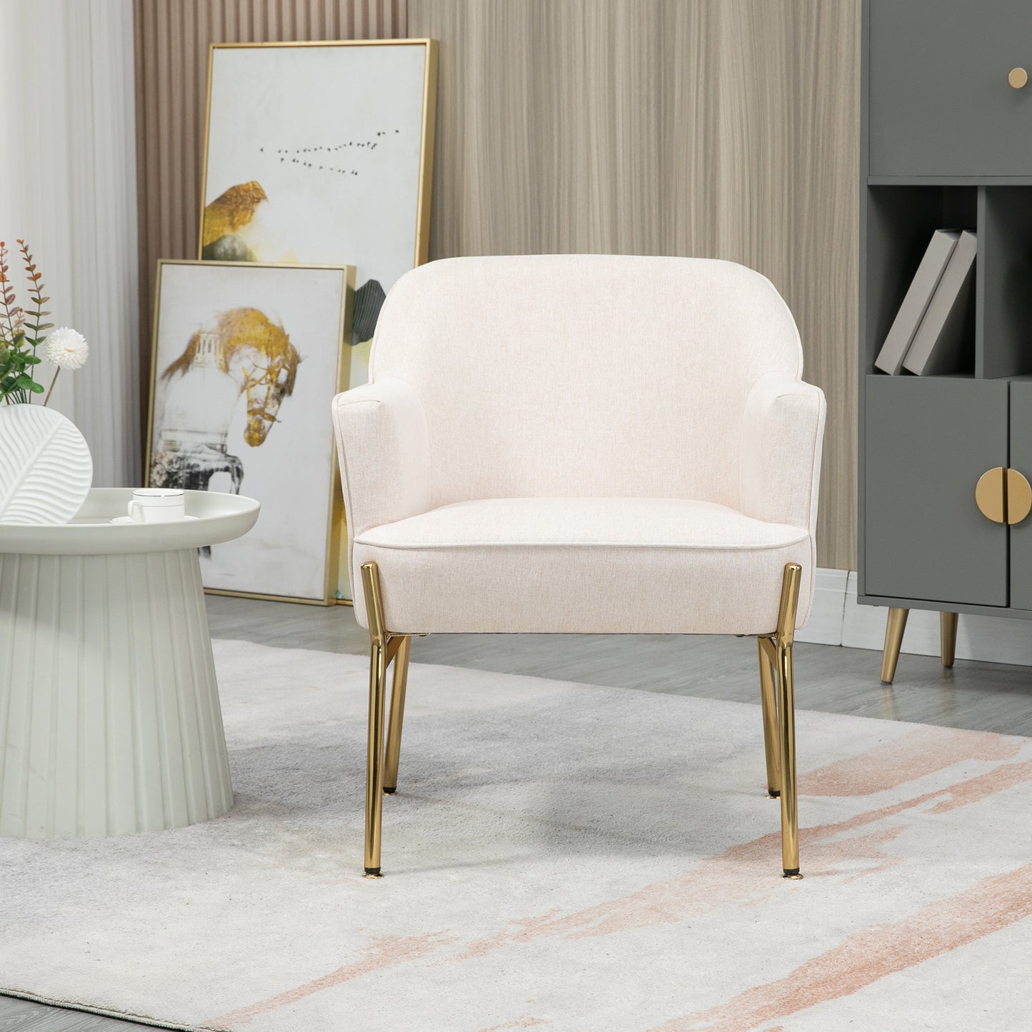 Accent Chair, Living Room Armchair, Vanity Chair with Gold Plating Metal Legs and Soft Padded Seat for Bedroom and Café, Set of 2, White