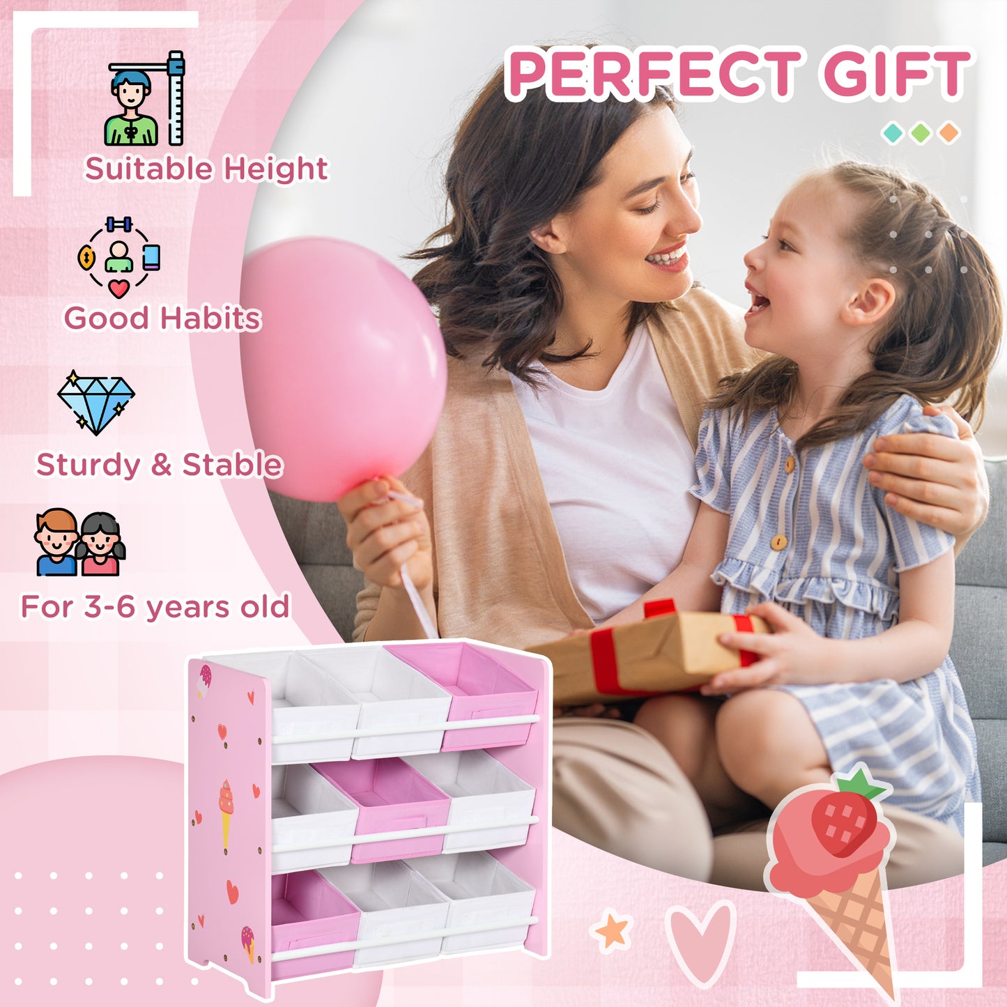 ZONEKIZ Kids Storage Unit with 9 Removable Storage Baskets, Toy Box Organiser with Shelf, Book Shelf for Nursery Playroom, Pink