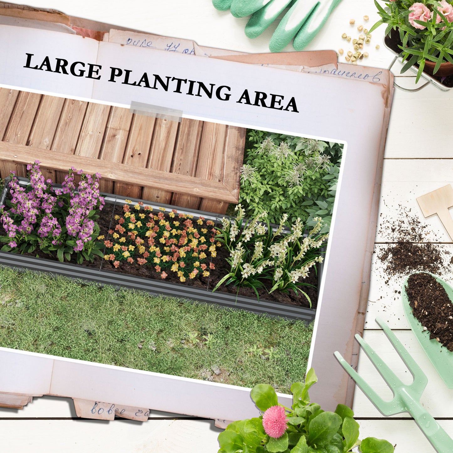 Large Galvanised Steel Raised Garden Bed | Powder-Coated | Open Bottom | Interior Support Brackets | 4 Protective Corners | Flat Safe Top | 240x60x30cm | Flowers Herbs & Veg | Dark Grey