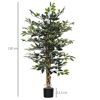 Artificial Ficus Tree in Pot, 130cm Tall Fake Plant with Lifelike Leaves and Natural Trunks, for Indoor Outdoor, Set of 2, Green