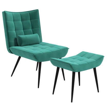 Armless Accent Chair w/ Footstool Set, Modern Tufted Upholstered Lounge Chair w/ Pillow, Steel Legs for Living Room, Green