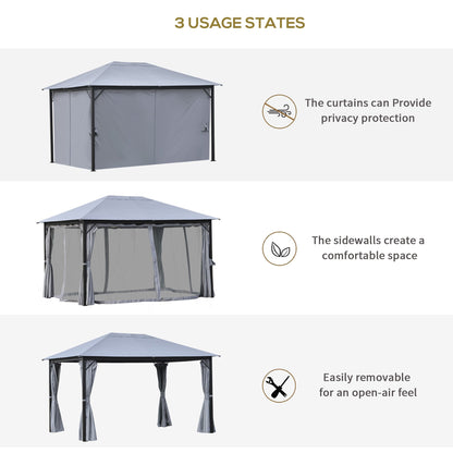 Outsunny 4 x 3(m) Outdoor Gazebo Canopy Party Tent Garden Pavilion Patio Shelter with Curtains, Netting Sidewalls, Grey