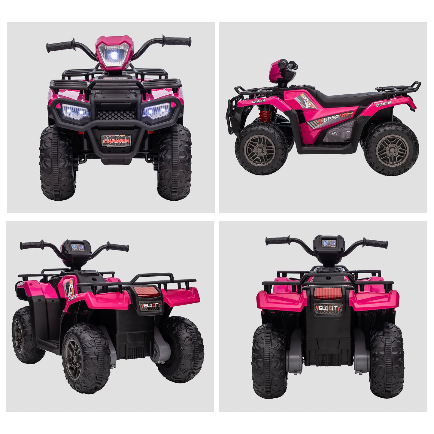 Kids 12V Quad Bike with Forward Reverse Functions, Ride On ATV with Music, LED Headlights, for Ages 3-5 Years - Pink