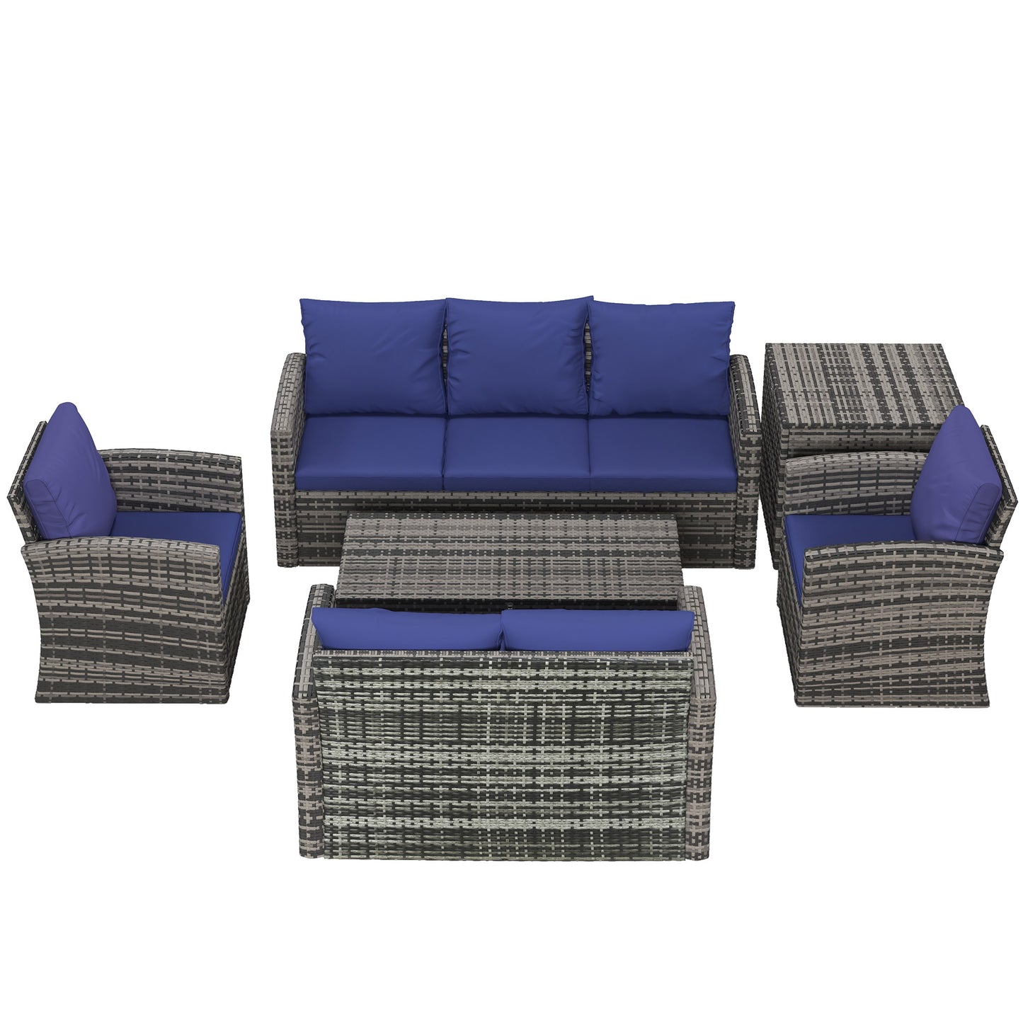 Outsunny 6 Piece Outdoor Rattan Wicker Sofa Set Sectional Patio Conversation Furniture Set w/ Storage Table & Cushion Navy Blue