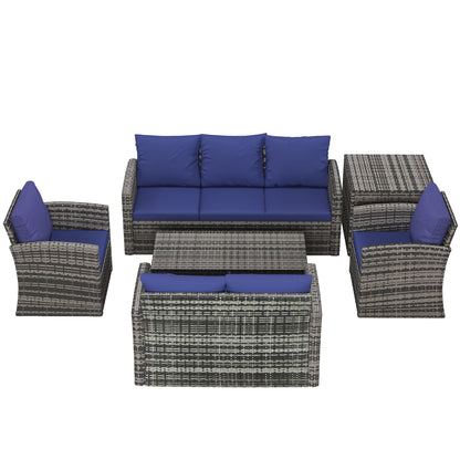 Outsunny 6 Piece Outdoor Rattan Wicker Sofa Set Sectional Patio Conversation Furniture Set w/ Storage Table & Cushion Navy Blue