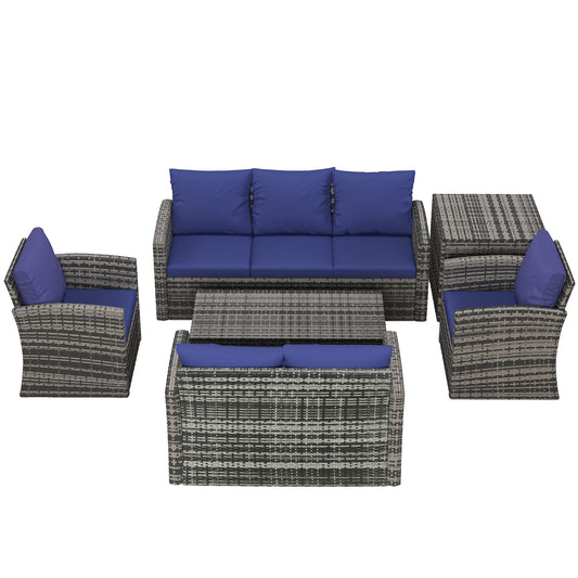 Outsunny 6 Piece Outdoor Rattan Wicker Sofa Set Sectional Patio Conversation Furniture Set w/ Storage Table & Cushion Navy Blue