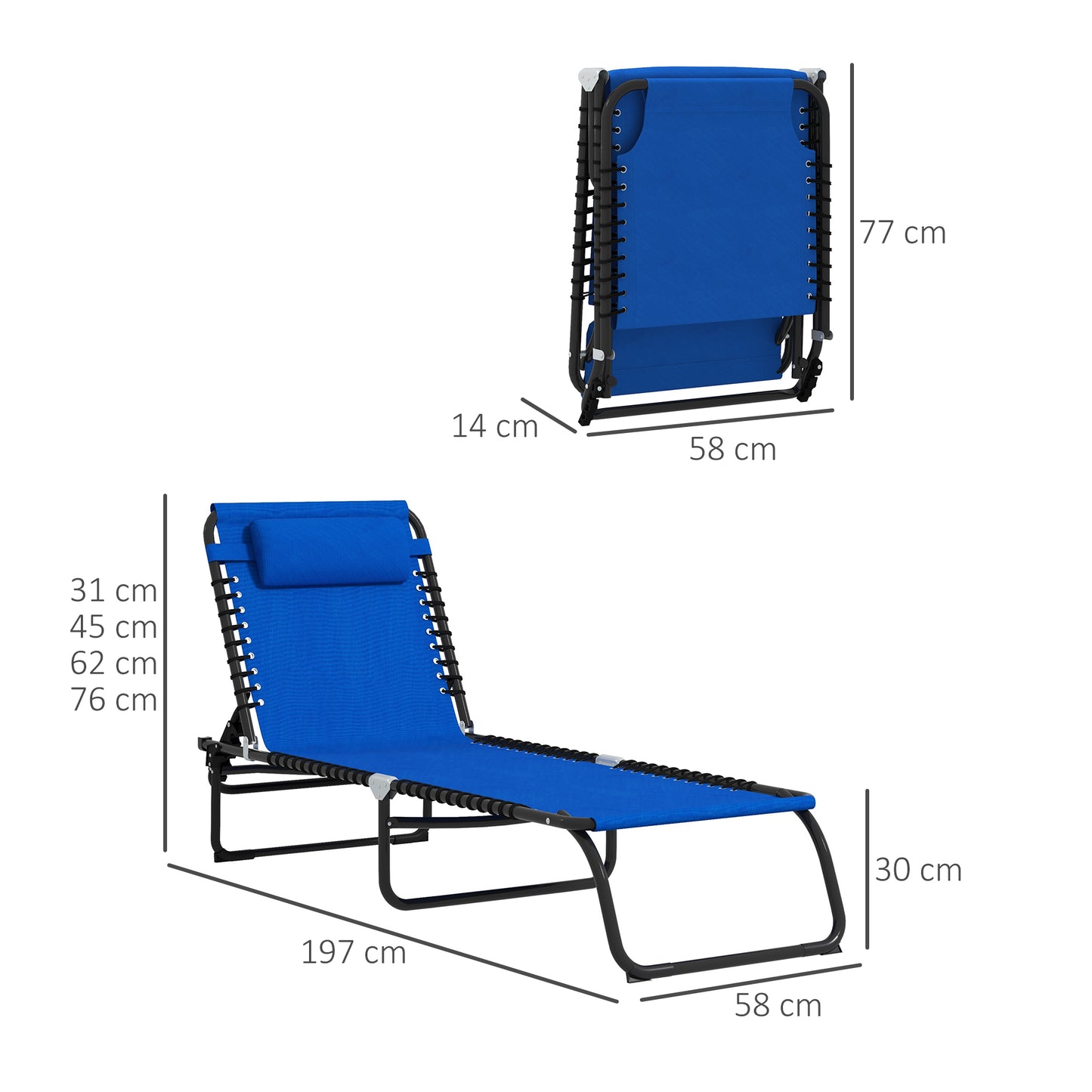 Outsunny Set Of 2 Folding Sun Lounger Beach Chaise Chair Garden Cot Camping Recliner with 4 Position Adjustable Blue