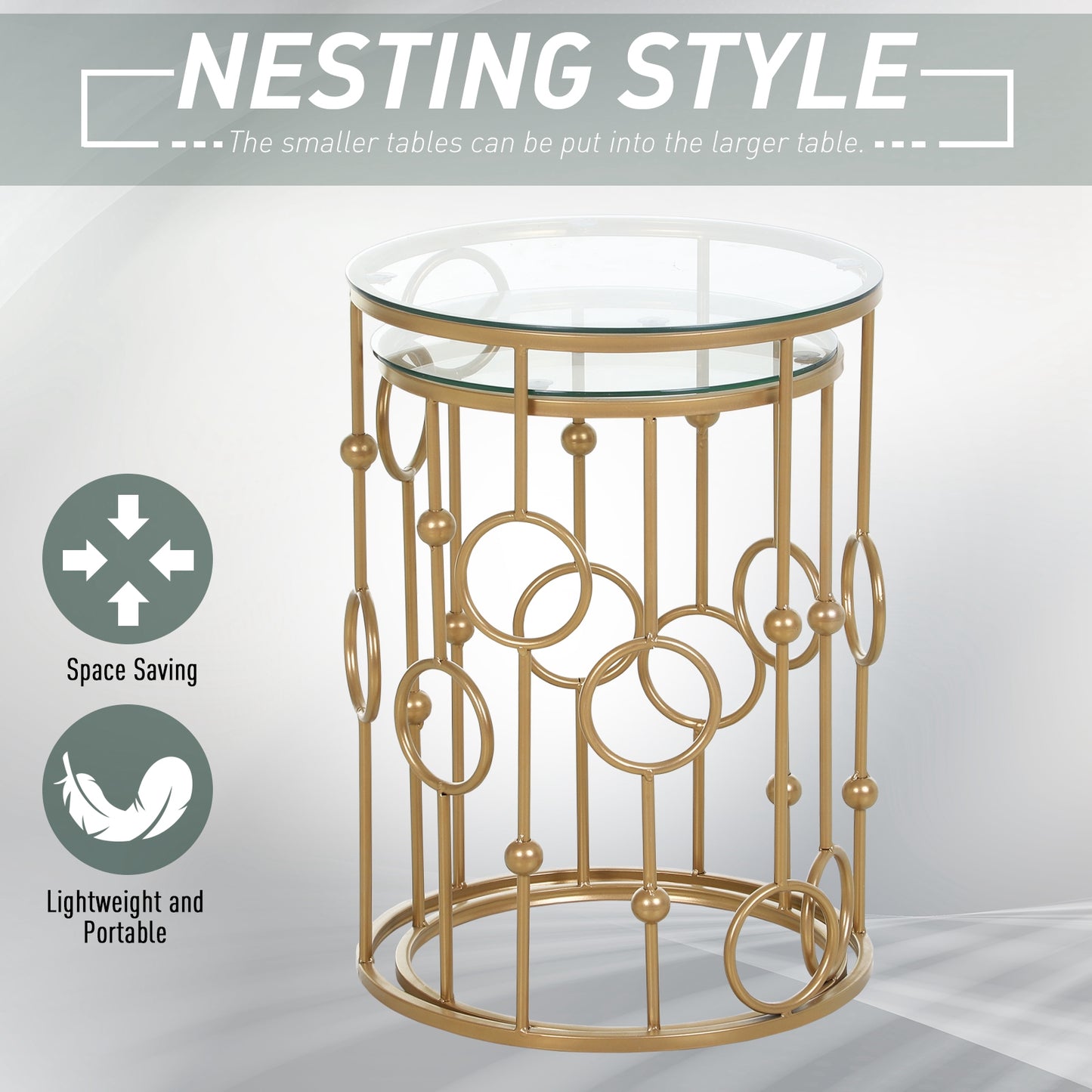 Modern Round Coffee Tables Set of 2, Gold Nest of Tables with Tempered Glass Top, Steel Frame for Living Room, Gold