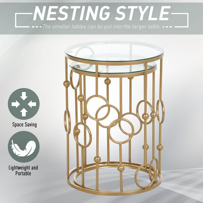 Modern Round Coffee Tables Set of 2, Gold Nest of Tables with Tempered Glass Top, Steel Frame for Living Room, Gold