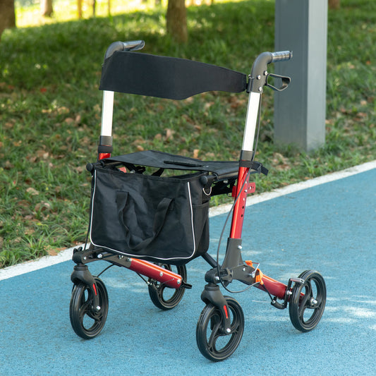 Folding Rollator With Seat & Backrest, Lightweight w/ Adjustable Handle Height, 4 Wheeled Walking Assist - Red