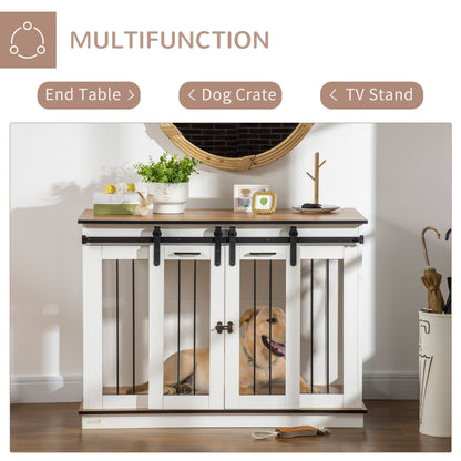 Dog Crate Furniture Side Table | Removable Divider | Double Sliding Doors | Large Dog or 2 Small Dogs | 120 x 60 x 88.5cm | White & Oak