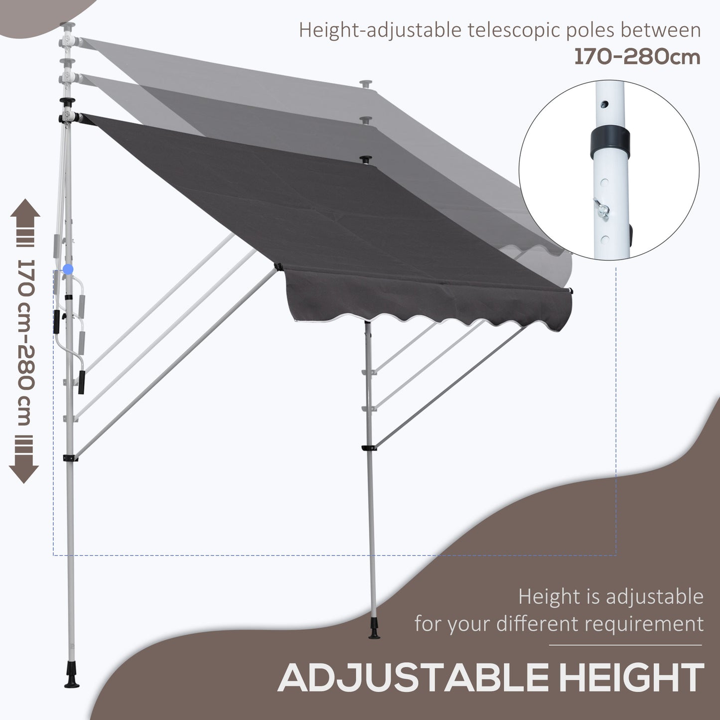 Outsunny Balcony 2 x 1.5m Manual Adjustable Awning DIY Patio Clamp Awning Canopy  Retractable Shade Shelter - Grey