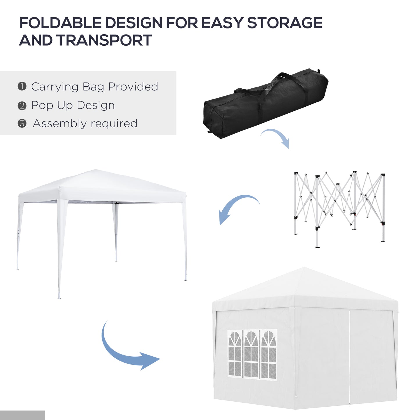 Outsunny 3 x 3m Pop Up Camping Gazebo, Wedding Party Canopy Tent Marquee with Carry Bag and Windows, White