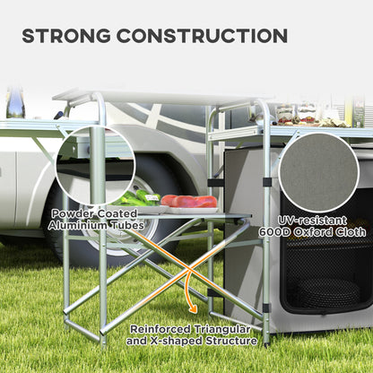 Outsunny Camping Picnic Kitchen With Storage Cupboard, Folding Table, Aluminium Portable With Windshield, Light Stand, Carrying Bag For BBQ - Silver