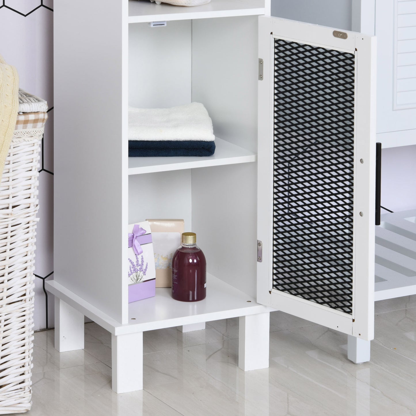 6-Tier Retro Bathroom Cabinet w/ Patterned Glass Doors Anti-Tilt Handles Melamine Coating 4 Legs Freestanding Tall Tower Furniture Monochrome