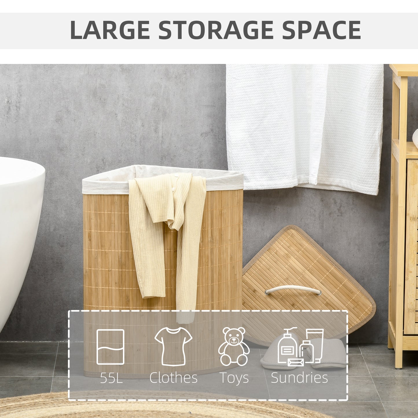 Bamboo Laundry Basket with Lid, 55 Litres Laundry Hamper with Removable Washable Lining,  Corner Washing Baskets, 38 x 38 x 57cm, Natural
