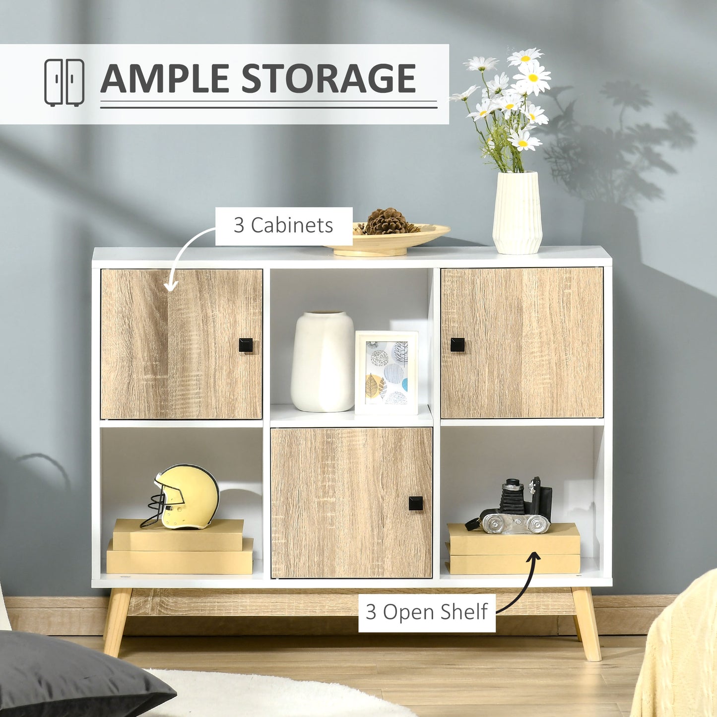 Storage Cabinet, Bookcase, Display Shelf with 6 Storage Cubes & Doors for Dining Room, Living Room