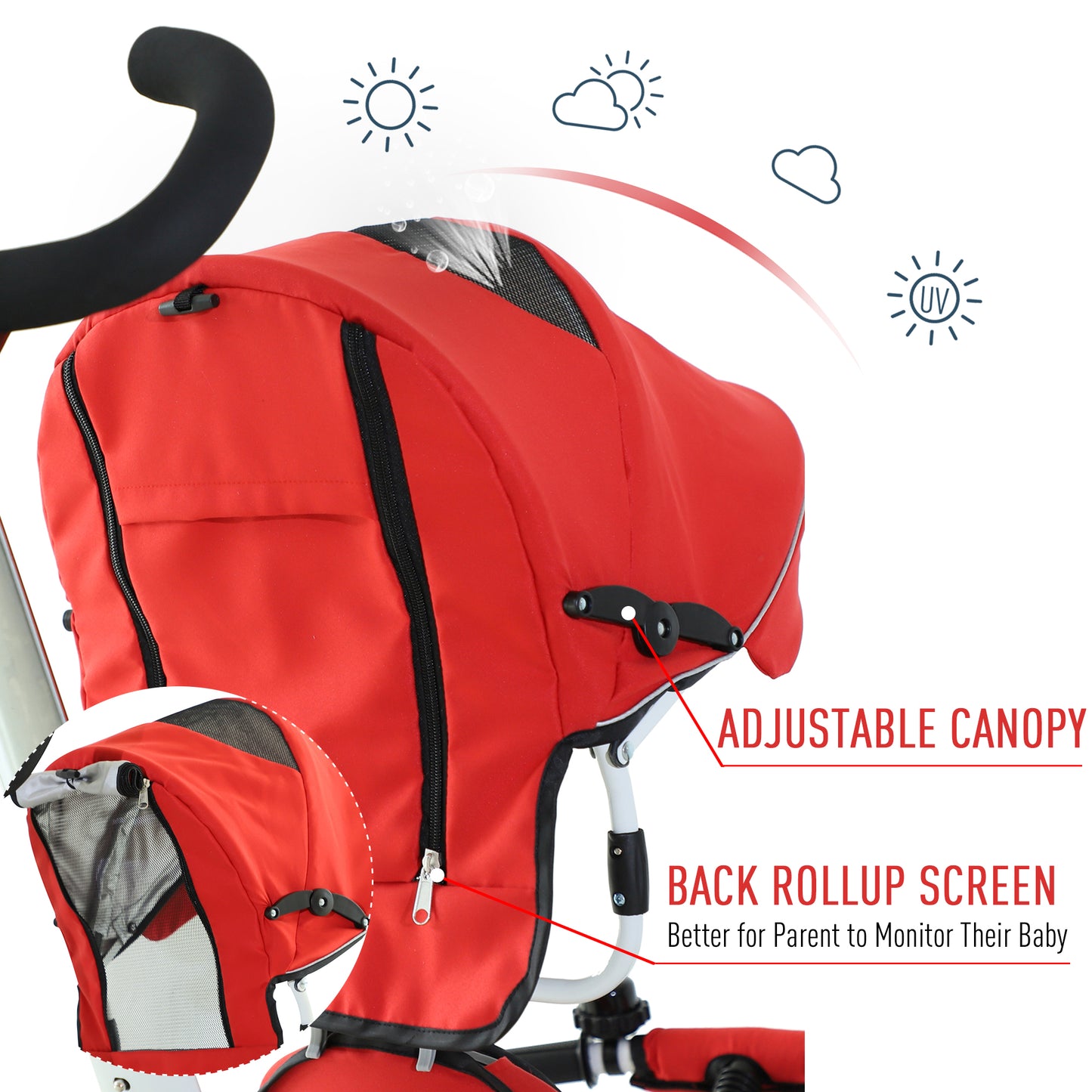4-in-1 Kids Tricycle Stroller With Canopy-Red