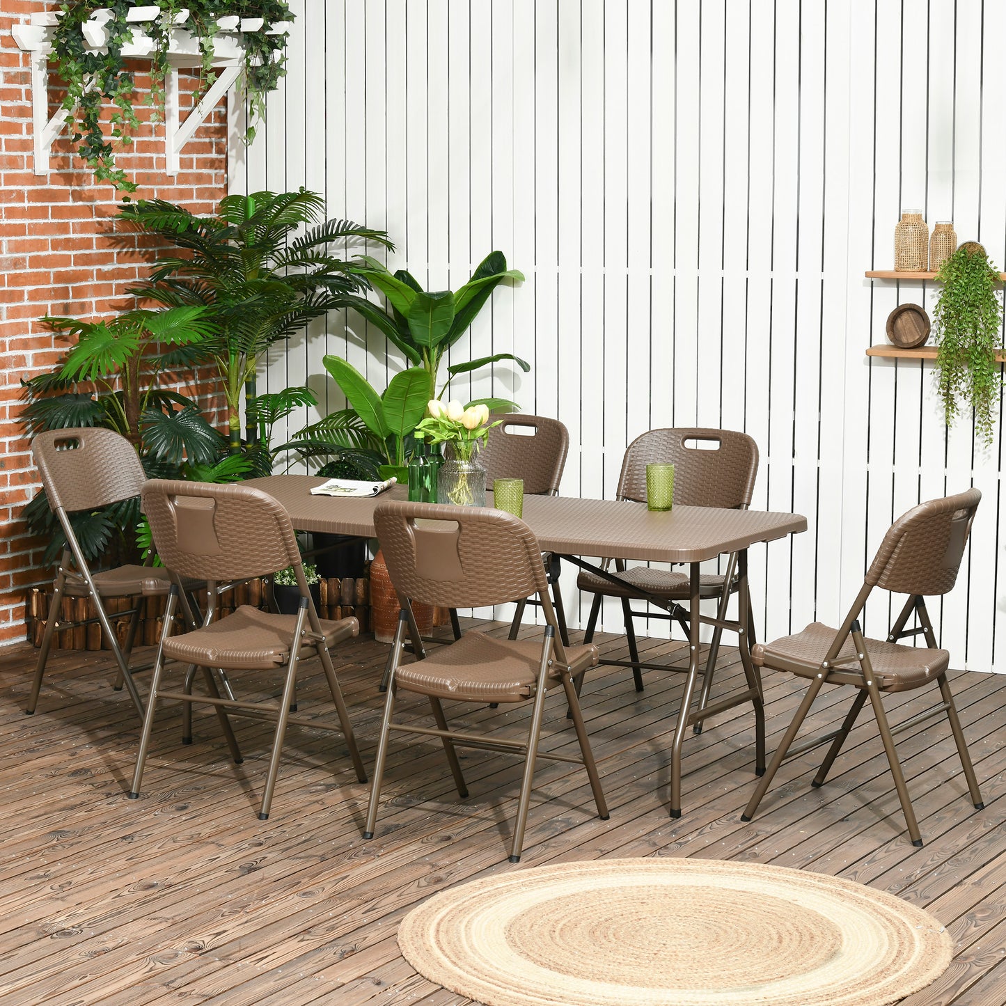 Patio 7 Piece Resin Rattan Dining Set, Foldable Chairs and Table w/ HDPE Molding Process, Portable, Space-saving for Indoor Outdoor Dark Brown