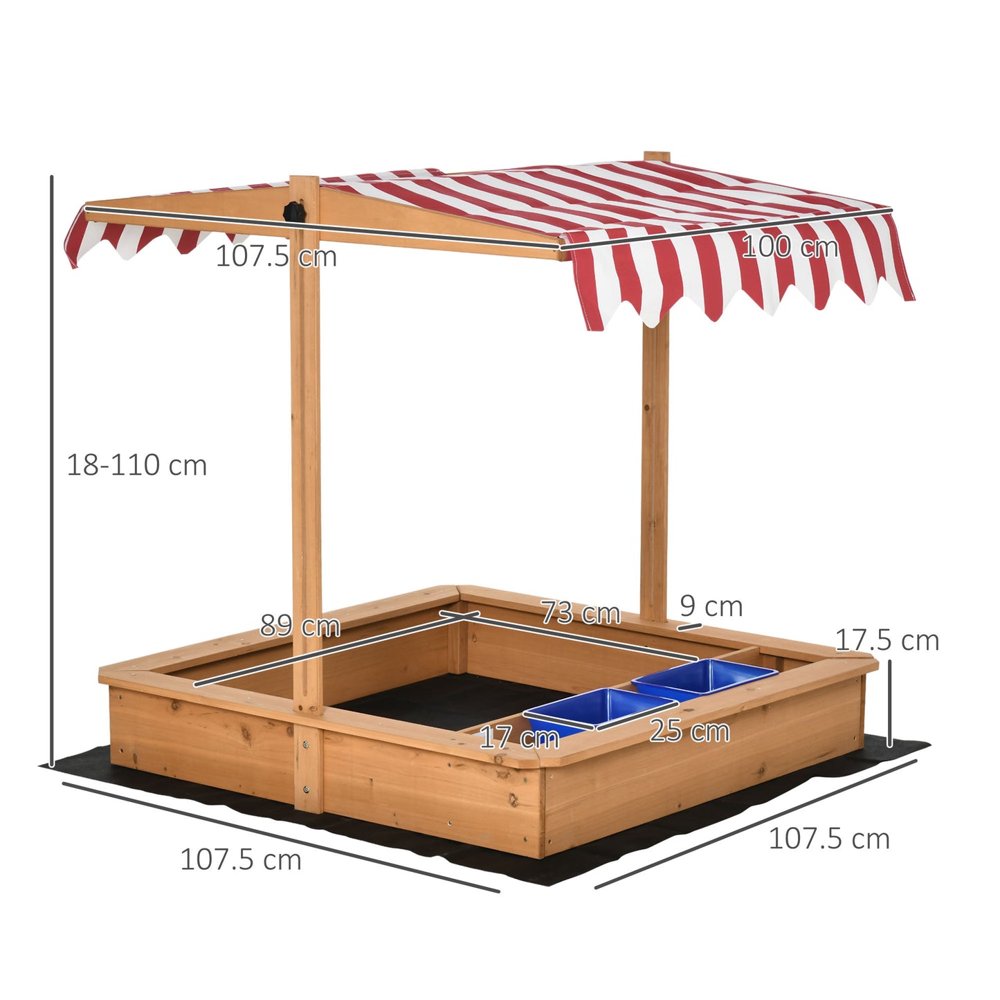 Outsunny Kids Wooden Sandbox, Children Sand Play Station Outdoor with Adjustable Height Cover, Bottom Liner, Seat, Plastic Basins, Aged 3-7 Years Old