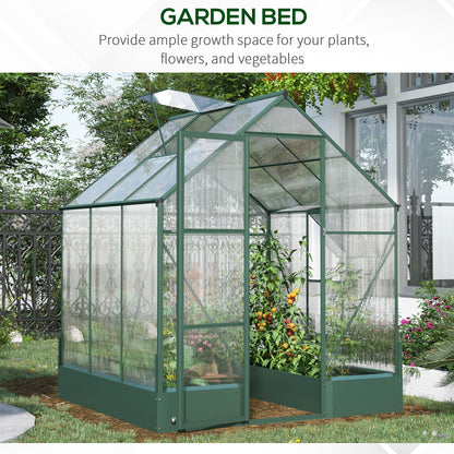 Outsunny Garden Walk-in Aluminium Greenhouse Polycarbonate with Plant Bed ,Temperature Controlled Window, Foundation, 6 x 6ft