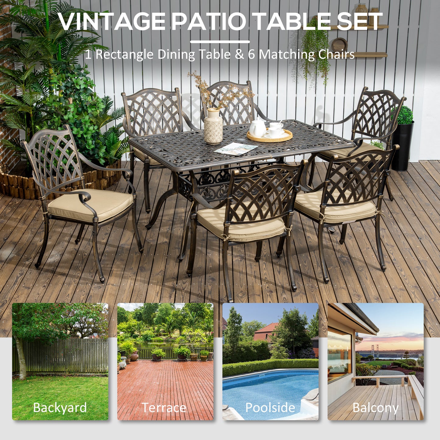 Outsunny 6-Seater Patio Dining Set with Umbrella Hole, Cast Aluminum Patio Furniture Set with Six Cushioned Chairs and Rectangle Dining Table, Bronze