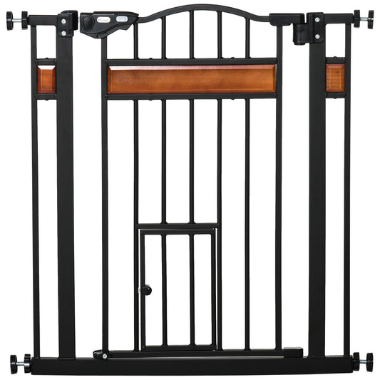 PawHut Dog Gate with Cat Door Pet Safety Gate, Auto Close Double Locking Pine Wood Decoration, for Doorways Stairs Indoor, 74-80 cm Wide, Black