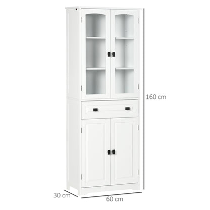 Kitchen Cupboard, Freestanding Storage Cabinet with 2 Adjustable Shelves, Drawer and Glass Door for Living Room, Dining Room, 160cm, White