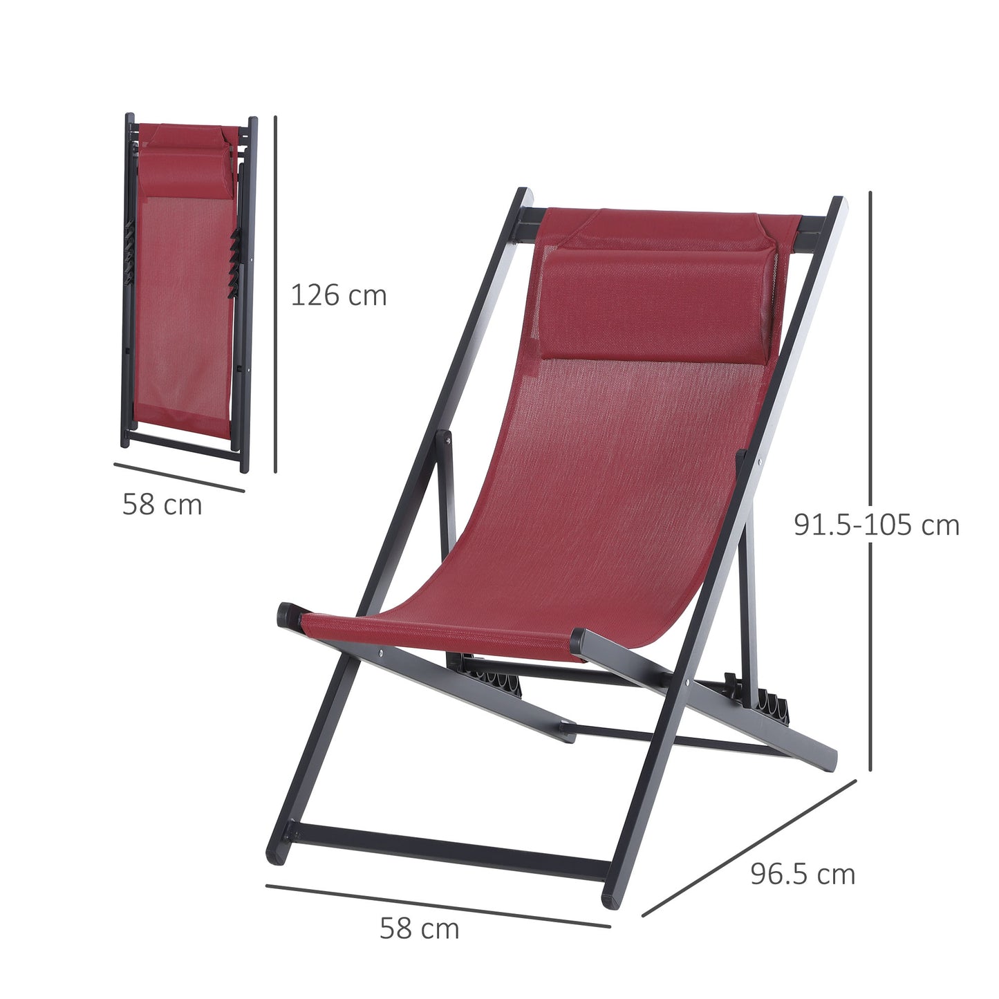 Outsunny Set of 2 Folding Garden Beach Deck Chairs Deckchairs Seaside Folding Garden Patio Lounger, Red