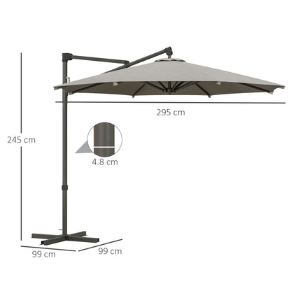 Outsunny 3 m Cantilever Banana Parasol with Cross Base, 360° Rotation Patio Umbrella with Crank Handle, Tilt, Light Grey
