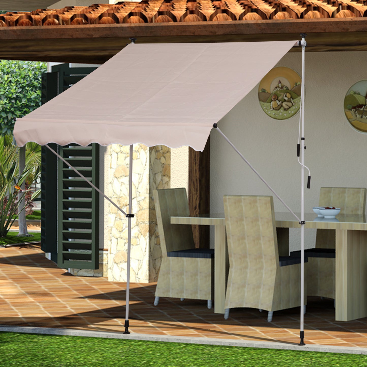 Outsunny 2 x 1.5m Garden Patio Manual Awning Canopy Sun Shade Shelter Adjustable Aluminium Frame Awning Beige