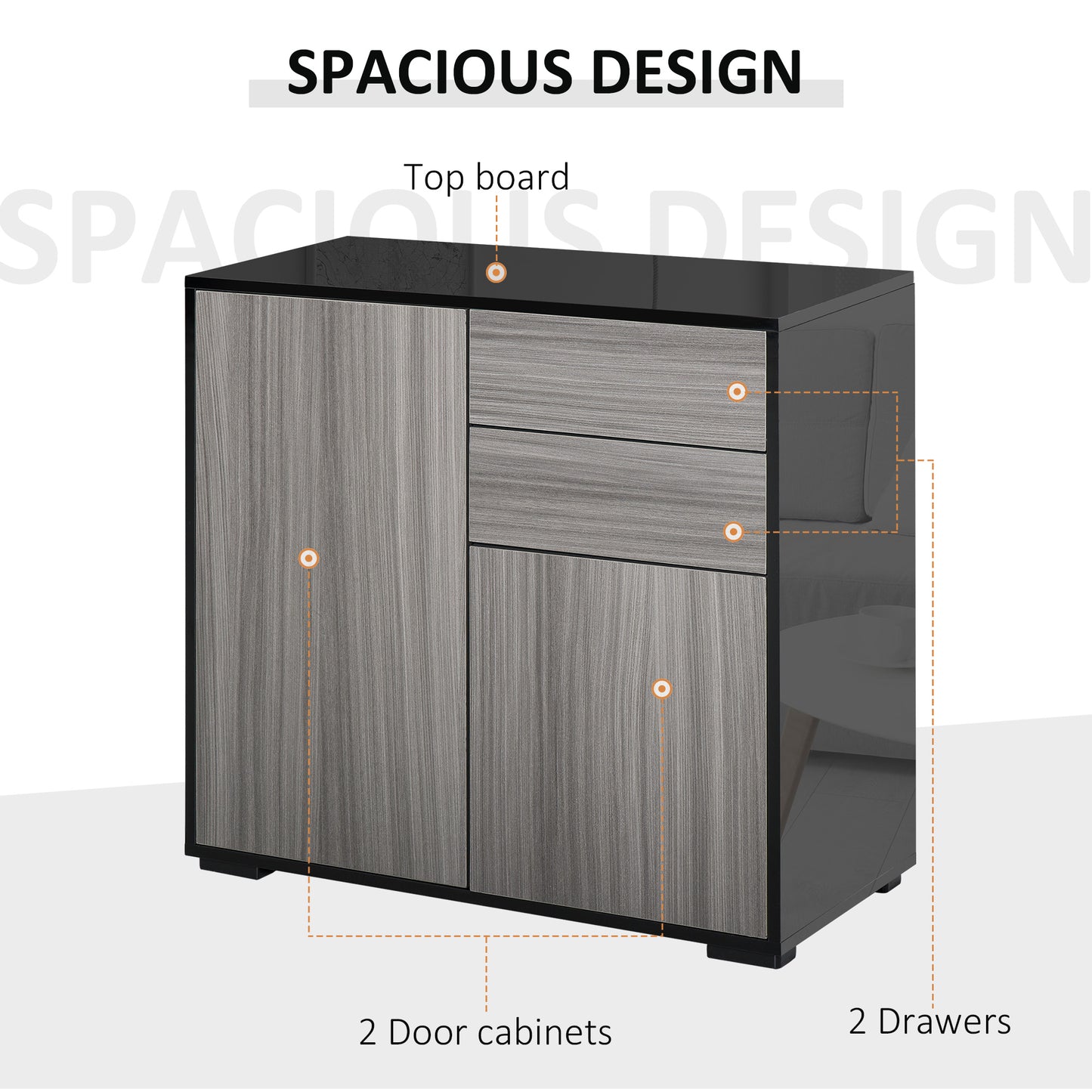 Modern Stylish Freestanding Push-Open Design Cabinet with 2 Drawer, 2 Door Cabinet, 2 Part Inner Space-Light Grey and Black