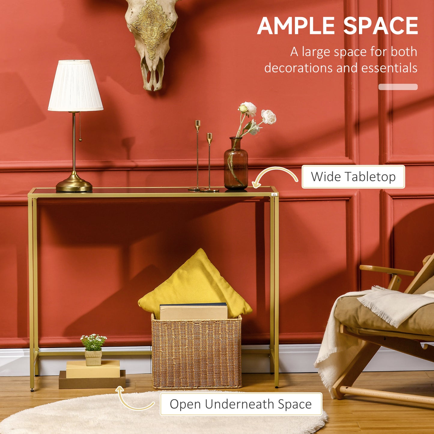 Industrial Console Table, Tempered Glass Top Sofa Table with Steel Frame Adjustable Feet for Living Room, Hallway, Black