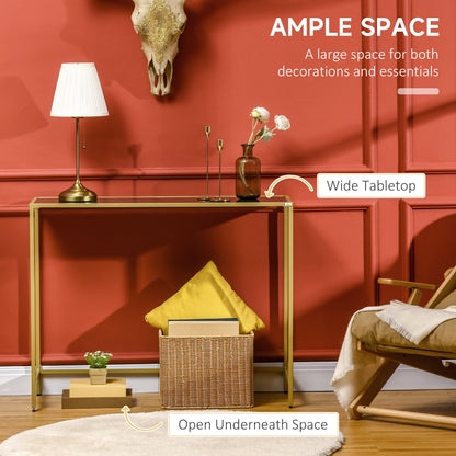 Industrial Console Table, Tempered Glass Top Sofa Table with Steel Frame Adjustable Feet for Living Room, Hallway, Black