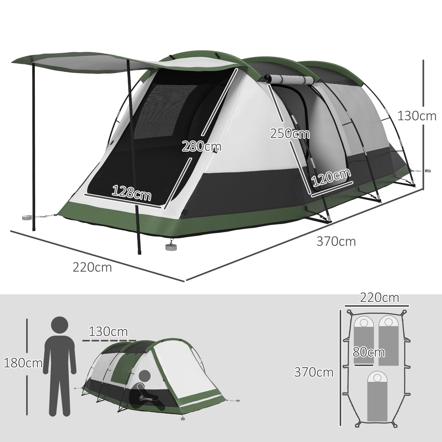 Outsunny 3-4 Man Camping Tent, Family Tunnel Tent, 2000mm Waterproof, Portable with Bag, Green