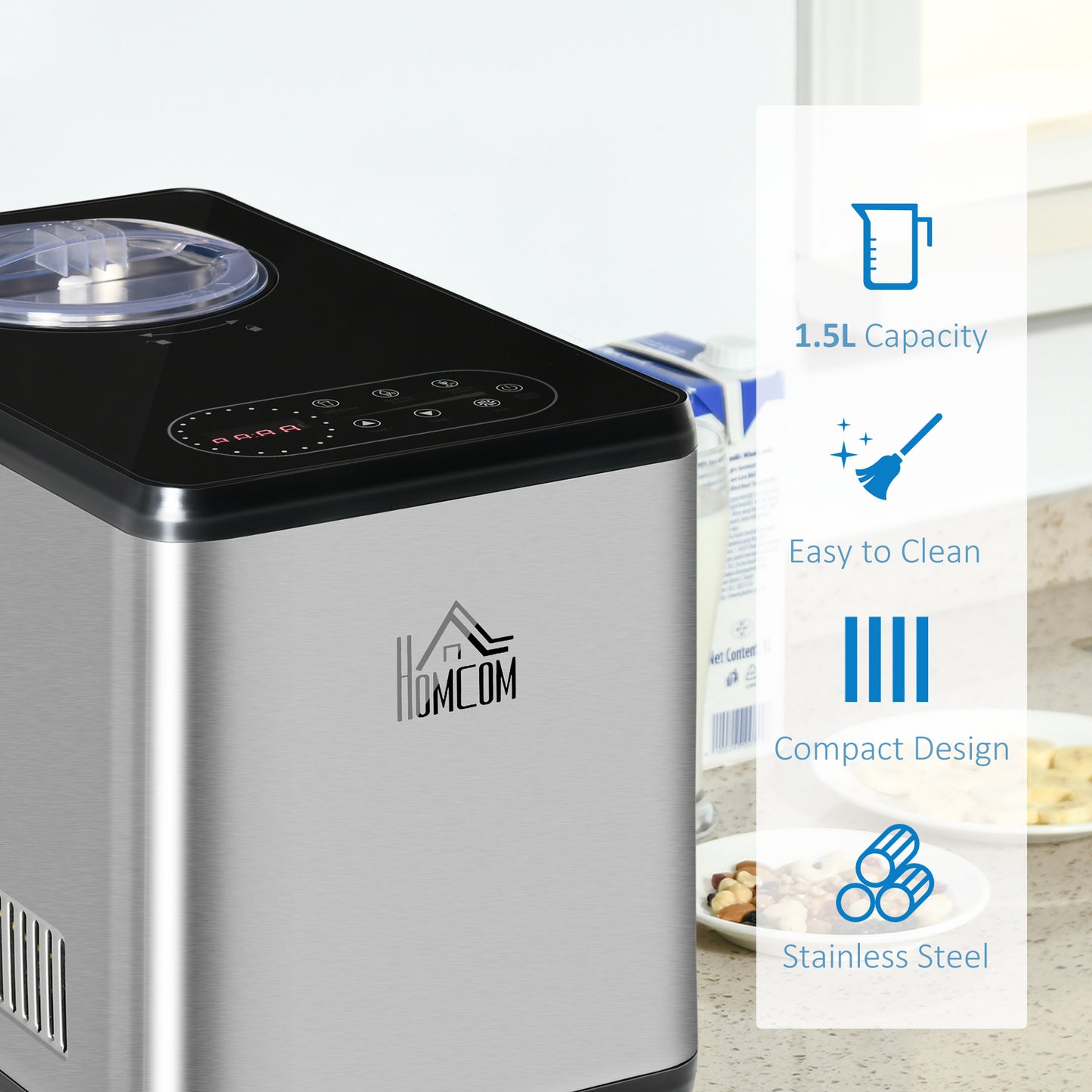 Ice Cream Maker Machine, 1.5L Stainless Steel Gelato, Sorbet, Milkshake, Frozen Yoghurt Maker with Detachable Mixing Paddle LED Display