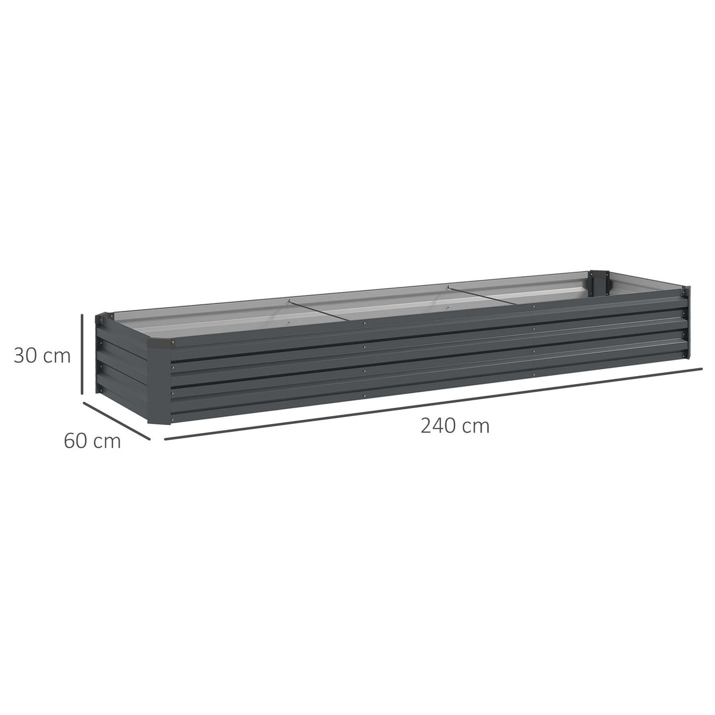 Large Galvanised Steel Raised Garden Bed | Powder-Coated | Open Bottom | Interior Support Brackets | 4 Protective Corners | Flat Safe Top | 240x60x30cm | Flowers Herbs & Veg | Dark Grey