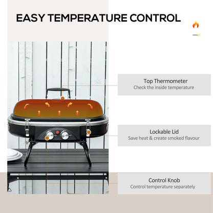 Outsunny Foldable Gas BBQ Grill 2 Burner Table Top Barbecue w/ Lid Piezo Ignition Thermometer for Camping Picnic Cooking, Aluminium Alloy