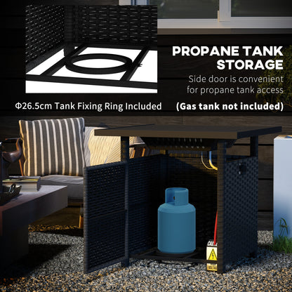 Outsunny Outdoor PE Rattan Fire Pits for Garden, 50,000 BTU Propane Fire Pit Table with Glass Wind Guard, Black