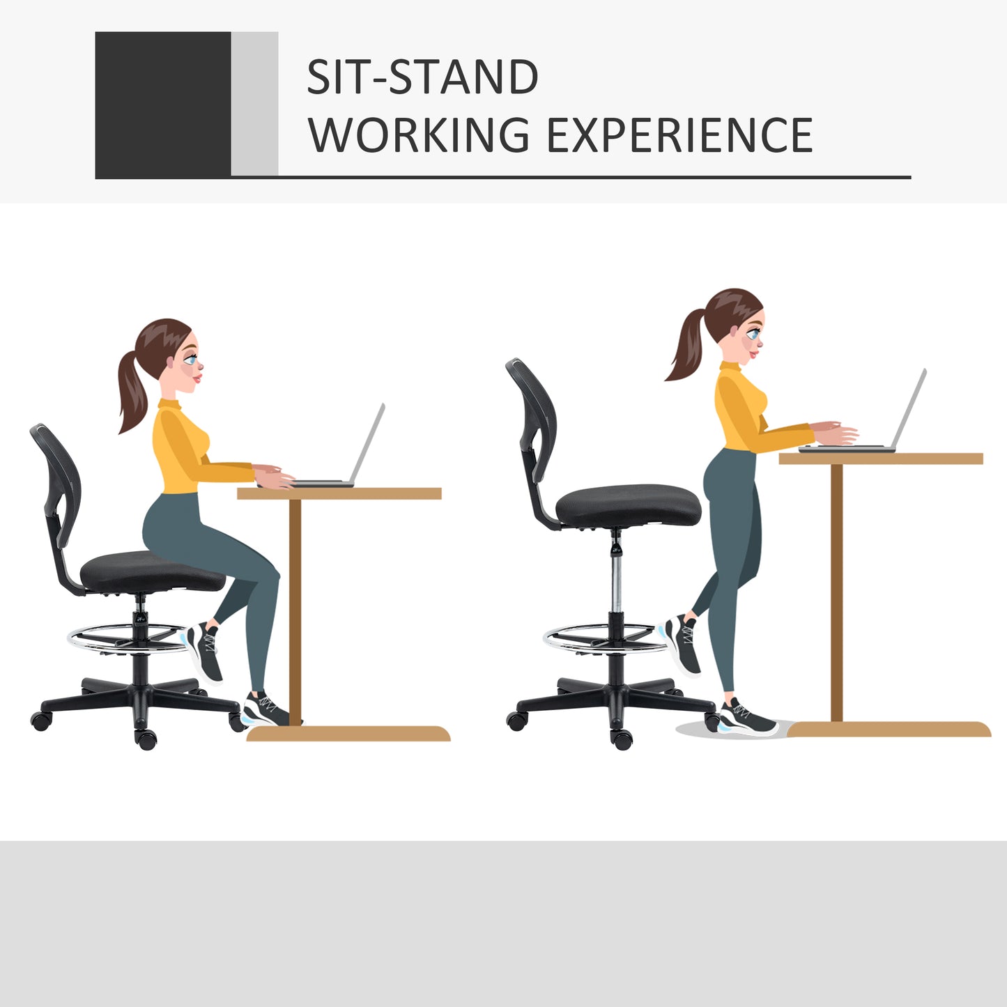 Ergonomic Draughtsman Chair for Standing Desk | Armless | Curved Mesh Back | Padded Seat | Adjustable Footrest Ring | Seat Height 50-70cm | 5 Wheels | 120kg | Black