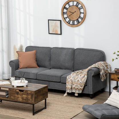 3 Seater Sofas for Living Room, Fabric Couch with Nailhead Trim, Rolled Arms and Cushions, Grey