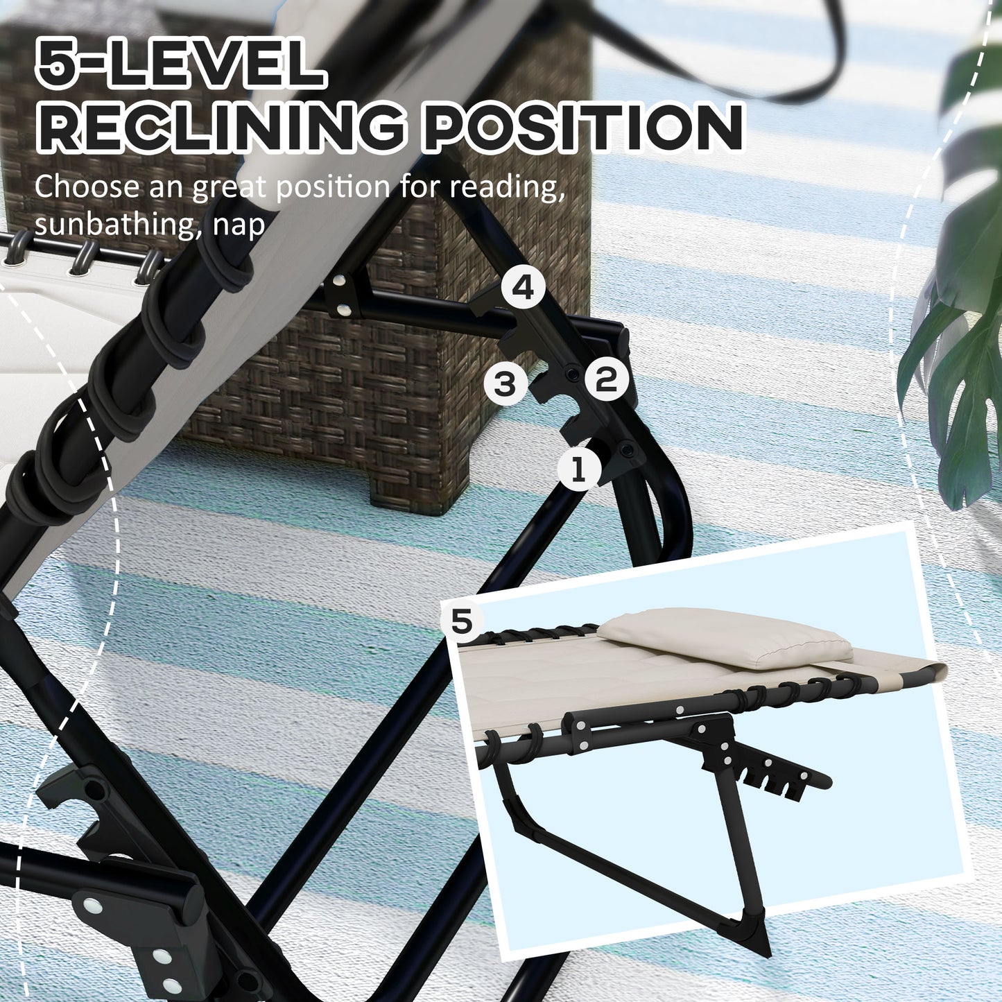 Outsunny Foldable Sun Lounger Set With 5-level Reclining Back, Outdoor Tanning Chair With Build-in Padded Seat, Side Pocket, Headrest - Khaki