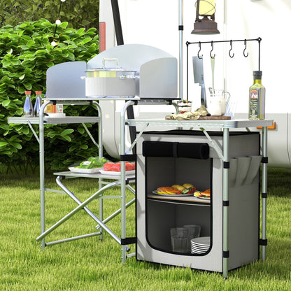 Outsunny Camping Picnic Kitchen With Storage Cupboard, Folding Table, Aluminium Portable With Windshield, Light Stand, Carrying Bag For BBQ - Silver