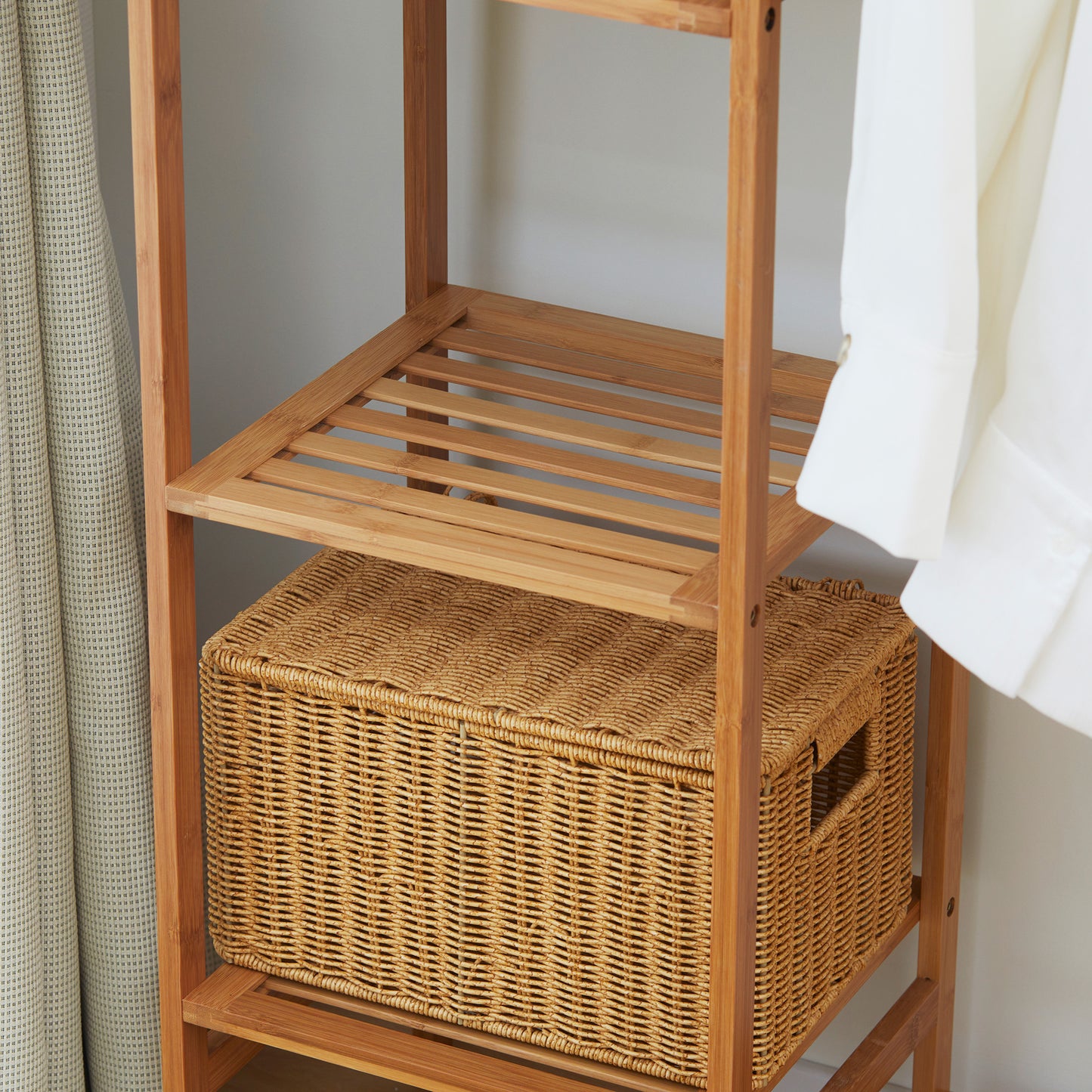 Natural Bamboo Clothes Rack for Bedroom Garment Rack with 6-Tier Storage Shelf Hanging Rod Clothes Rail for Living Room Entryway