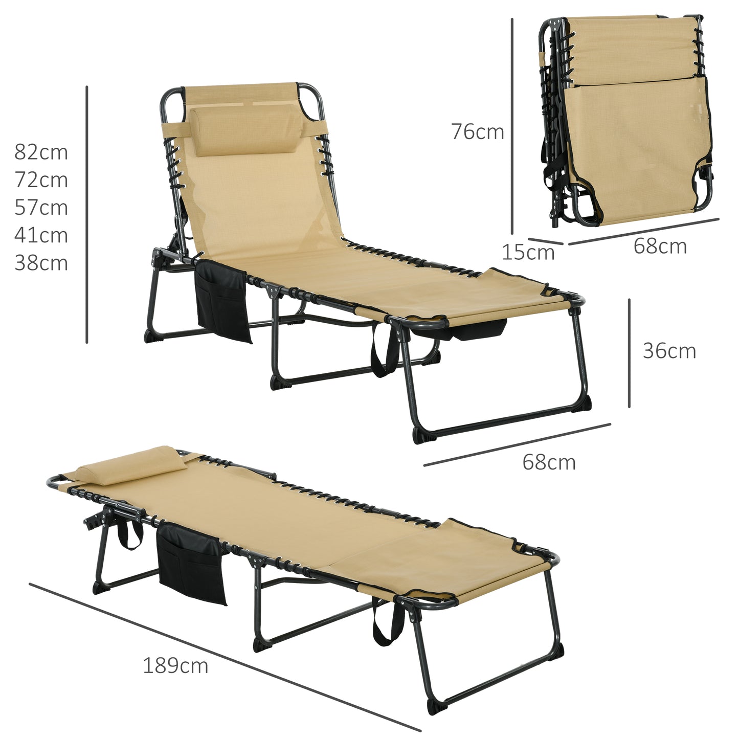 Outsunny Folding Sun Lounge With 5 Level Reclining Back, Tanning Chair With Reading Hole, Lounger with Side Pocket, Headrest - Beige